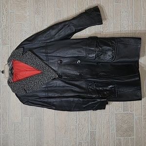 Scully Double Breasted Long Leather Coat Shearling Collar Red Lining 40